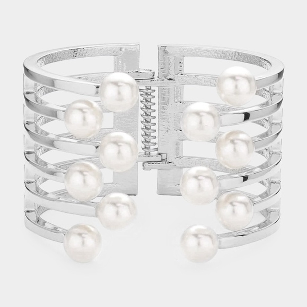 Silver pearl hinged cuff bracelet
